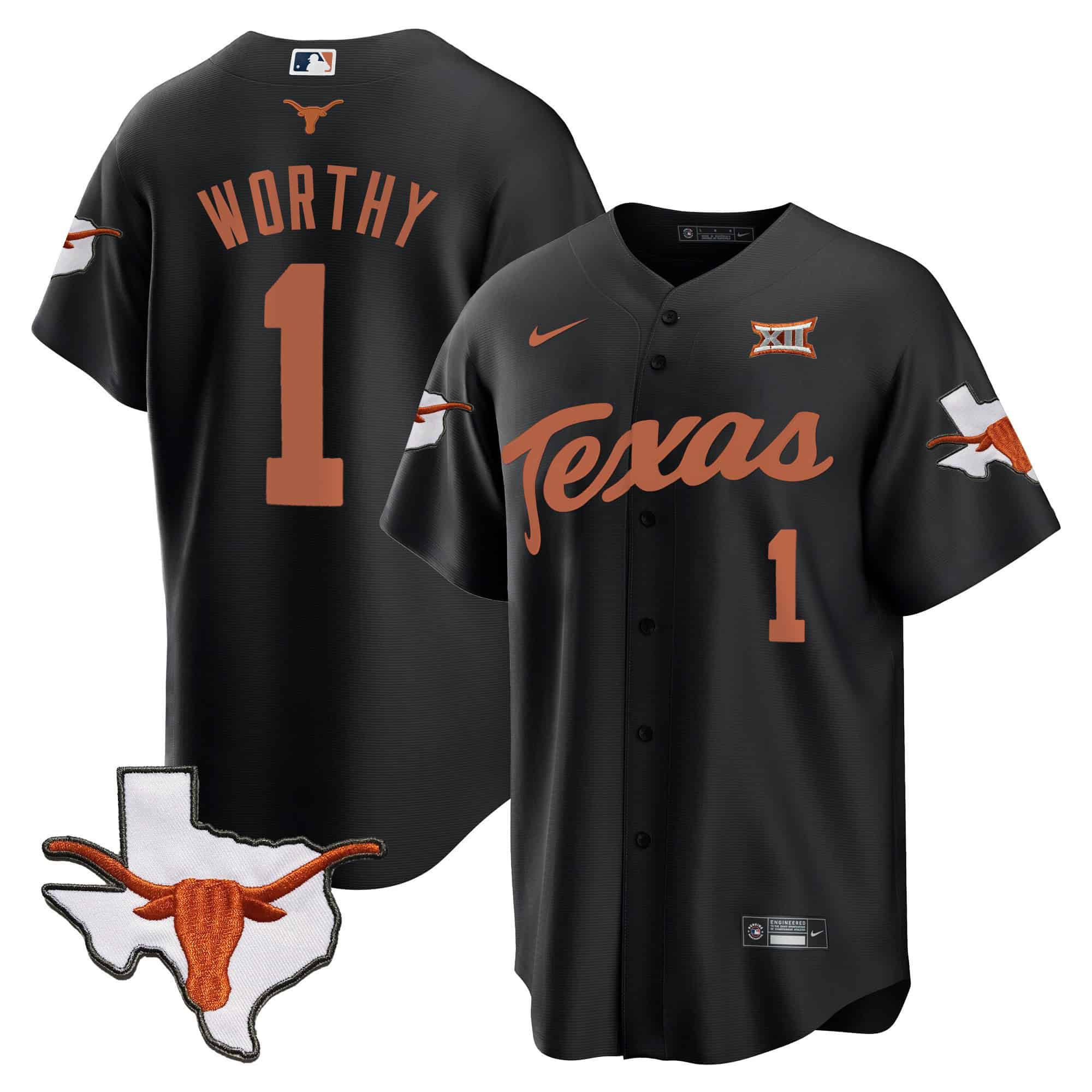 Men Texas Longhorns #1 Worthy Black 2024 Baseball NCAA Jersey